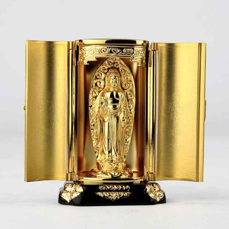 仏像 阿弥陀如来偶像 厨子入り口・入口（金メッキ/24金） 仏師：渡辺景秋 原版＿（戌・亥年出どころ）十二支守り本尊 干支 陵丘銅器(あみだにょらいりゅうぞう)