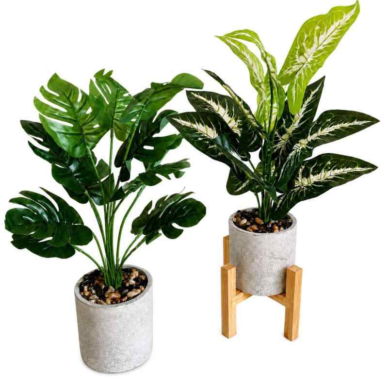 Kugusa 【生花店監修】 フェイクグリーン 人工観葉植物 モンステラ 鉢植え 造花 インテリア グリーン 2点セット 花台付き