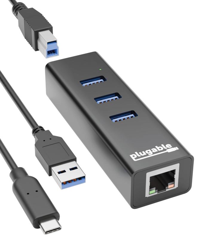 Plugable USB 3.0 ハブ バスパワー 3ポート 有線 LANイーサネット USB-C 対応 Windows macOS Linux ChromeOS 互換（USB-C ケーブル、USB Type-A ケーブル付）