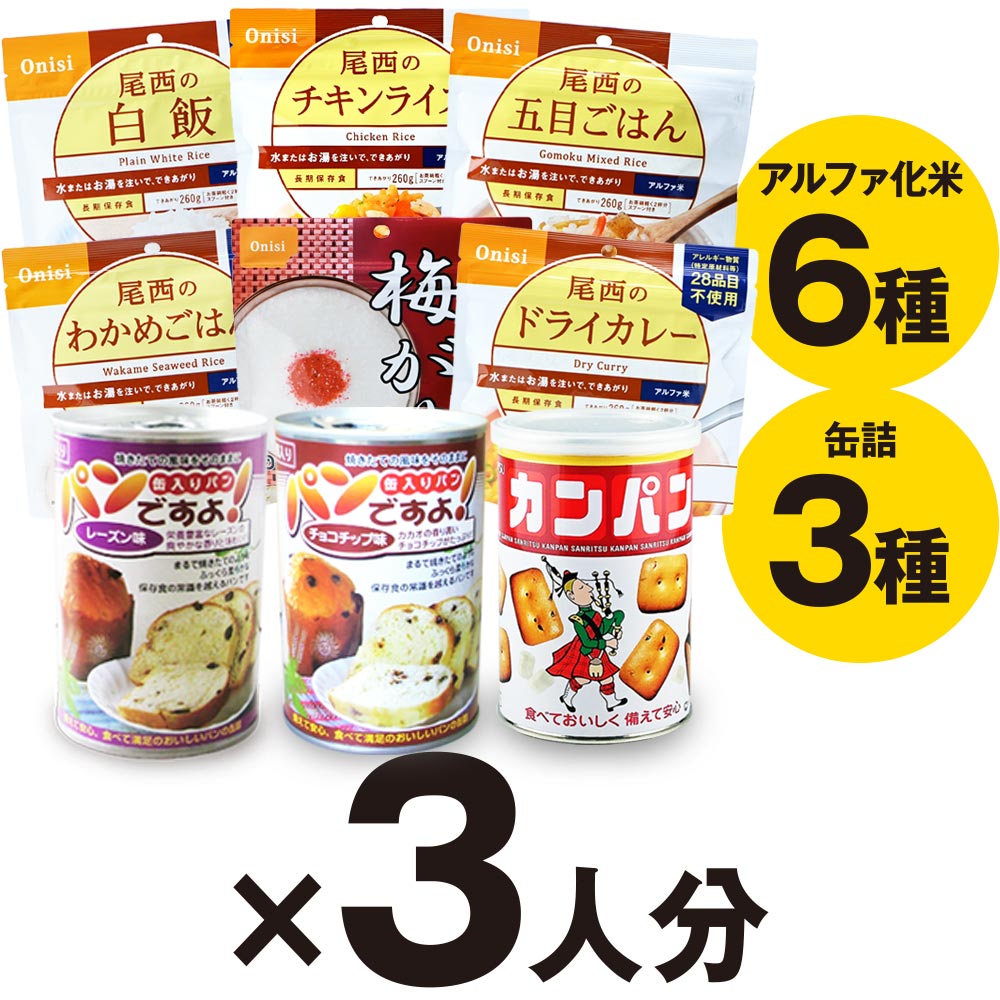 3人家族用/非常食3日分(9食)セット【防災セット防災用品保存食アルファ化米パンの缶詰カンパン】