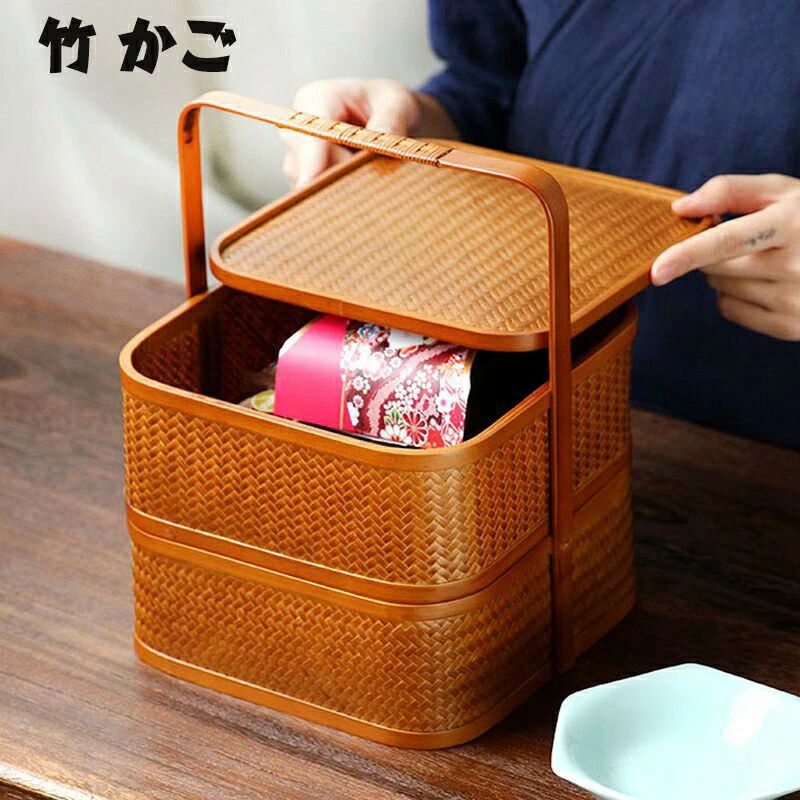 花見 火工品市民大会 竹かご 二段 かご 花見 迎春 小物納める アウトドア 竹籠 手作り 重箱 ピクニックランチボックス 竹 観光旅行弁当箱 竹細工 おせち 手持ち部分付き添い人 室内装飾 真四角 お正月 茶道具 和風納める 手かご手提げ