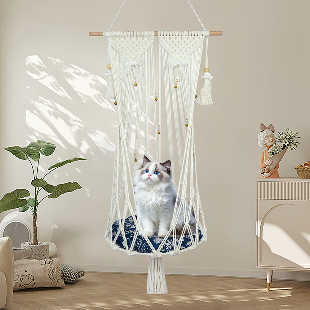 手作りマクラメ編み 猫用ハンモック 猫ベッド 吊り下げ式ペットベッド 40*109cm 壁掛け 鈴 安定な構造 取付簡単 耐荷重約12kg 日光浴 ねこ 室内用