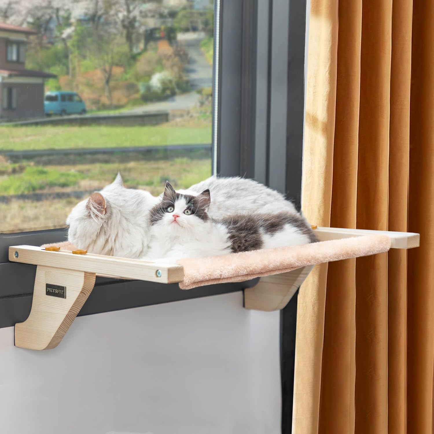 猫ハンモック 猫窓ベッド 窓用ハンモック 木製 しかっりした物理構造 窓用座り台 キャットウォーク 賃貸 ウィンドウベッド 日向ぼっこ 日光浴 マット付き 取り付け式 水洗い 耐用 安定 組み立て簡単 取り外し可能なマット ストレス解消 省スペース 日本語説明書付き