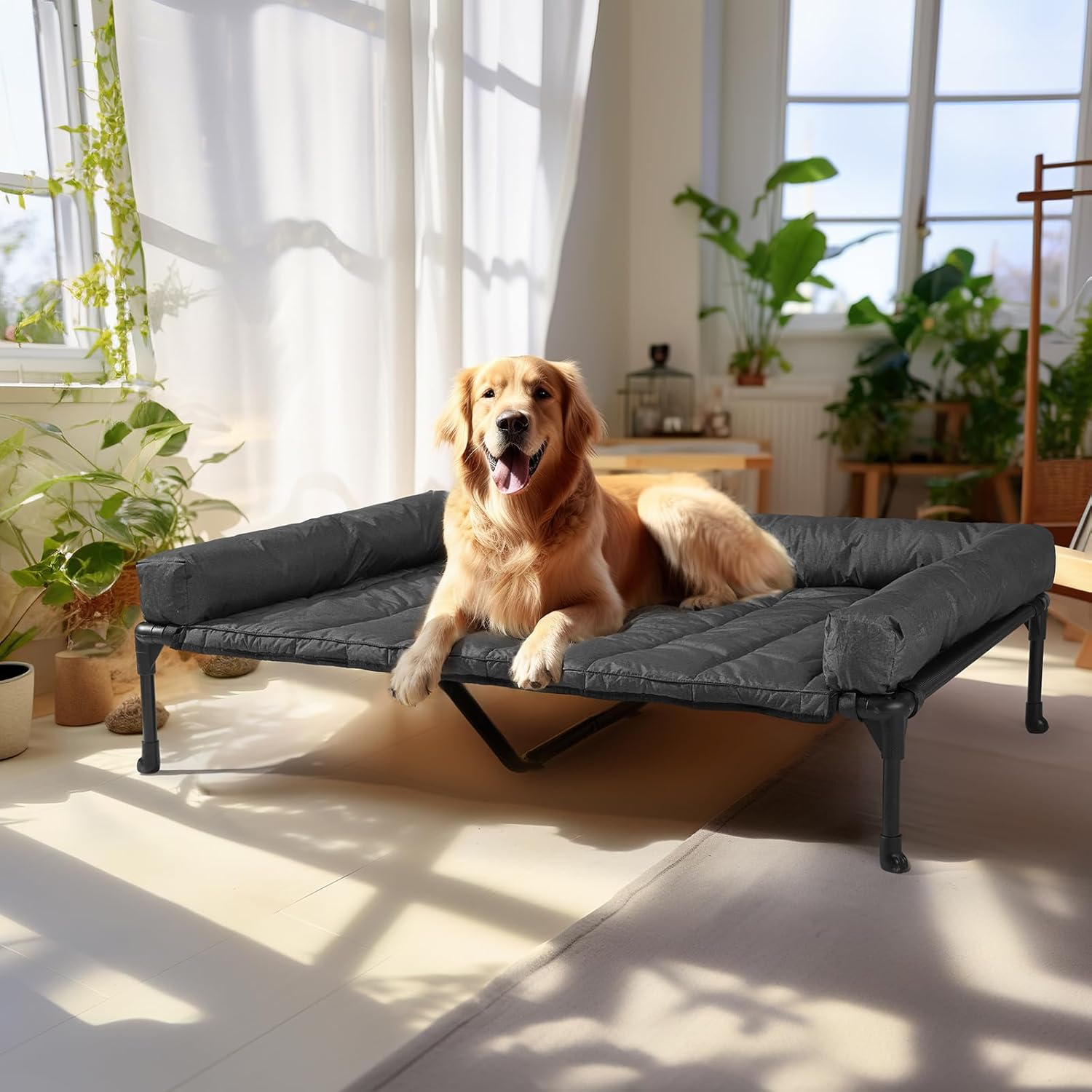 犬 ベッドペットベッド大型犬 ベッド高架犬用ベッドドッグコット + 防水取り外し可能ピロートップマット、ボルスター犬用簡易ベッド、通気性メッシュ付き隆起ペットコット、滑り止め足、屋内屋外用犬用ソファベッド犬 コット-125x83cm｜Magic Life店 16,994円
