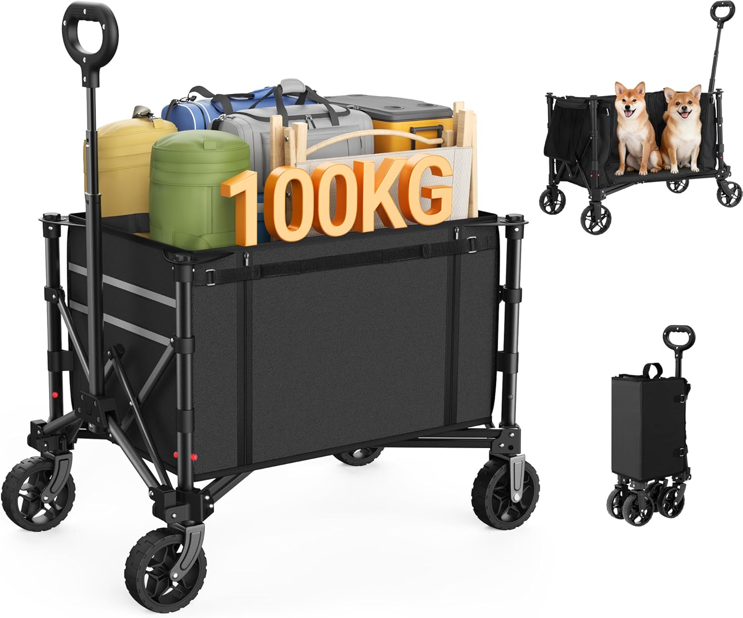 キャリーワゴン アウトドアワゴン 耐荷重100kg 大容量120L キャンプカート ワンタッチ収束 折り畳み式 自立収納 静音 キャンプ/砂浜/釣り/引越し/買い物/ゴミ出し 収納カバー付き