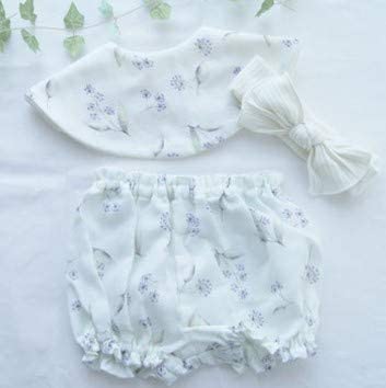 Lien de famille 花言葉スタイ ヘアバンド ブルマーの3点セット かすみ草(パープル) 花柄 新生児 赤ちゃん用 ダブルガーゼ 日本製 ベビー 出産祝い プレゼント おでかけ おめかし 誕生日 フォーマル