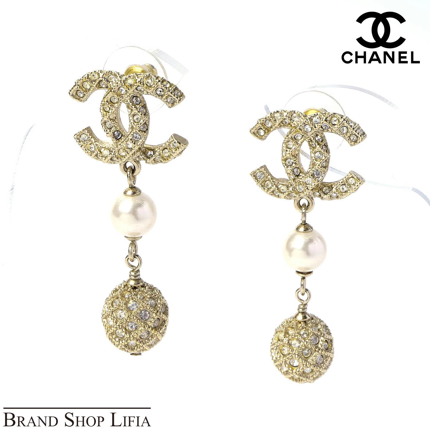 シャネル CHANEL ピアス ココマーク ドロップピアス A20K GP ゴールド×ラインストーン×フェイクパール レディース ブランドアクセサリー 両耳用 高級 上品 正規品 ギフト プレゼント 中古 極美品