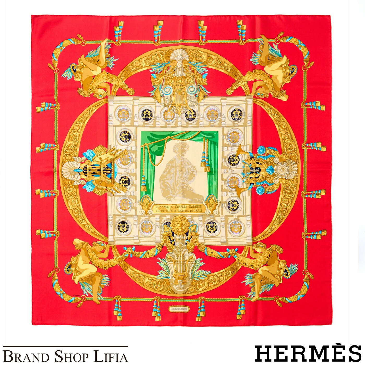 HERMES エルメス スカーフ カレ90 HOMMAGE ? CHARLES GARNIER シャルル・ガルニエへの賛辞 大判 シルク100％ フランス製 レディース ブランド 中古 美品