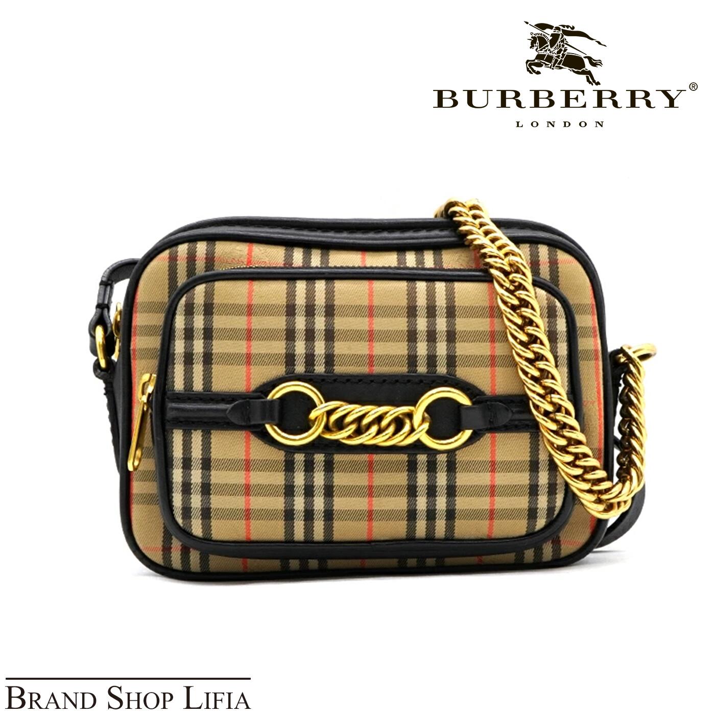 BURBERRY バーバリー ノバチェック チェーン ショルダーバッグ レザー×キャンバス ブラウン×ブラック ゴールドチェーン 斜め掛け クロスボディ MADE IN ITALY ブランド 中古 美品 50,280円