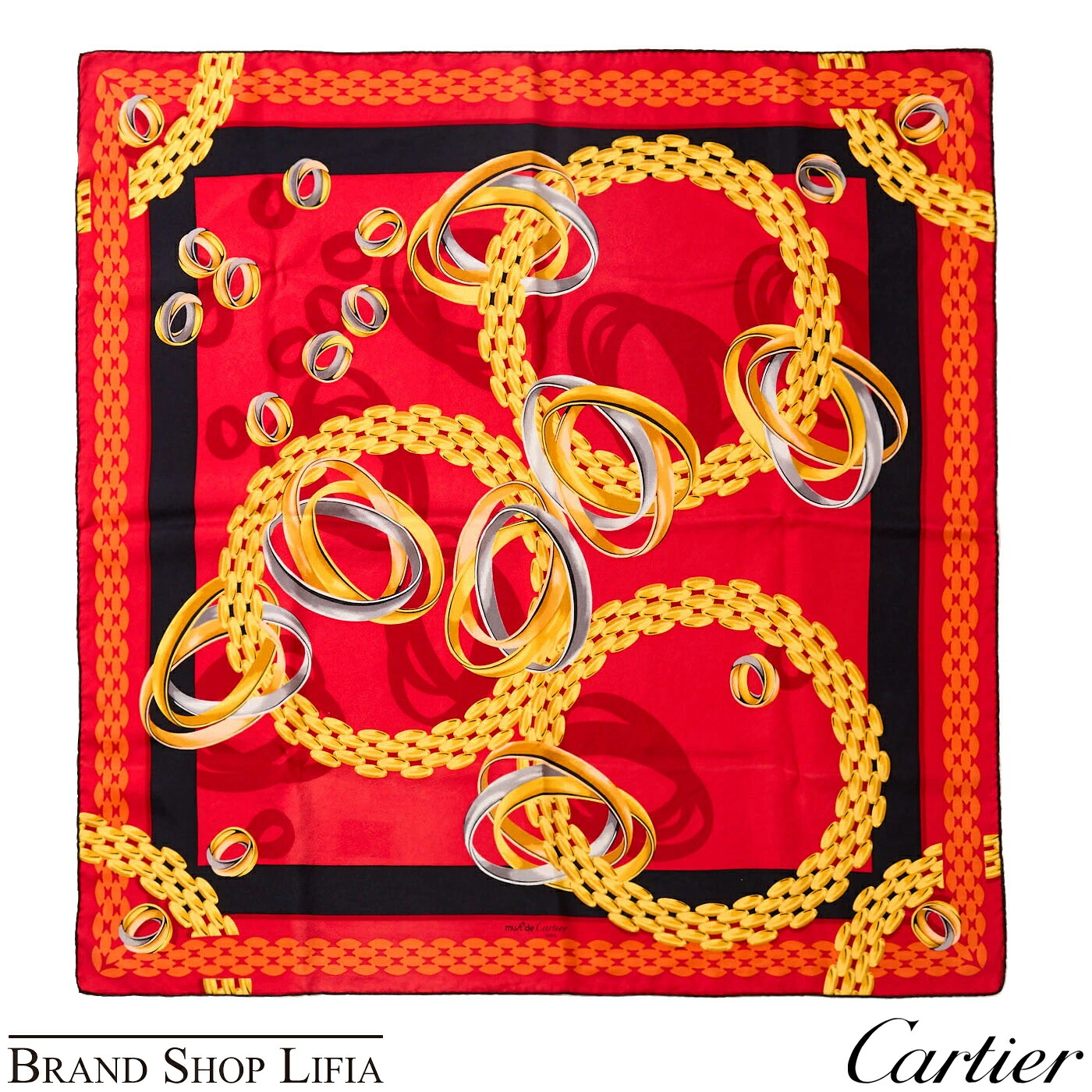 カルティエ スカーフ Cartier シルク スクエア90 トリニティリング モチーフ 正規品 レディース シルク100％ 大判 フランス製 中古 美品