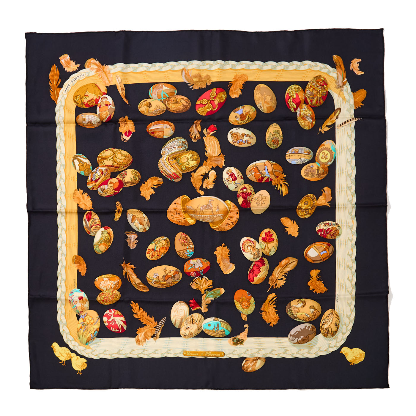 ★ エルメス シルク スカーフ カレ90 『COUVEE D' HERMES』 エルメスの卵 オレンジ×レッド 中古 Aランク