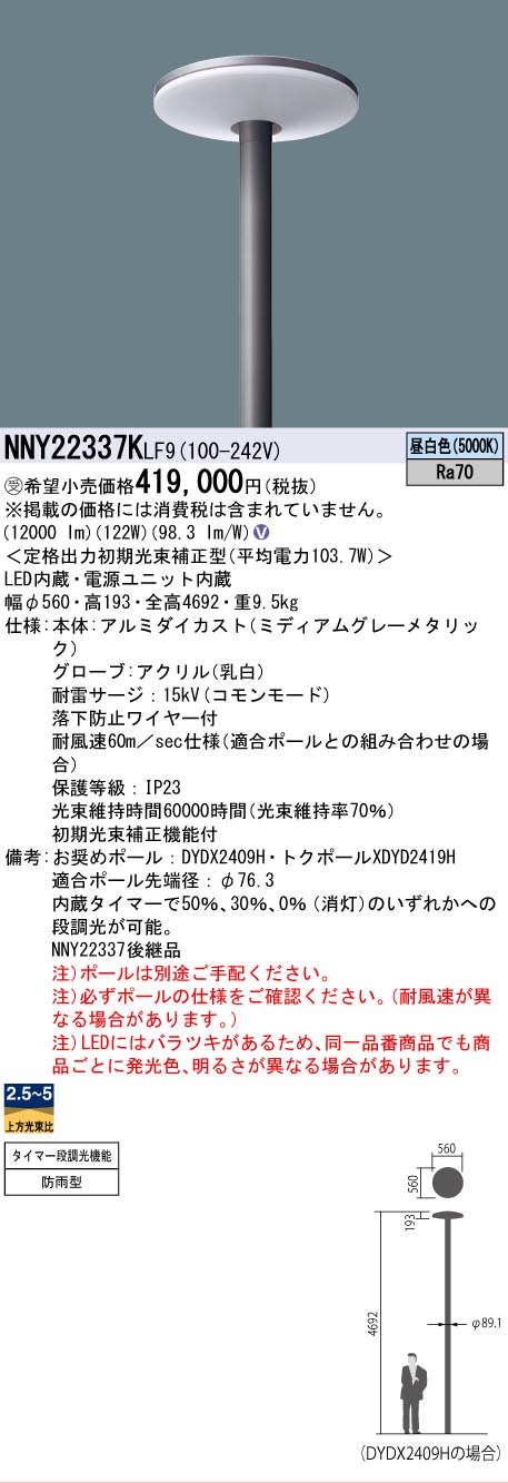 [法人限定] NNY22337K LF9 パナソニック ※受注品 ポール取付型 LED 昼白色 モールライト 全周配光・乳白グローブ 防雨型【ポール別売】[ NNY22337KLF9 ]