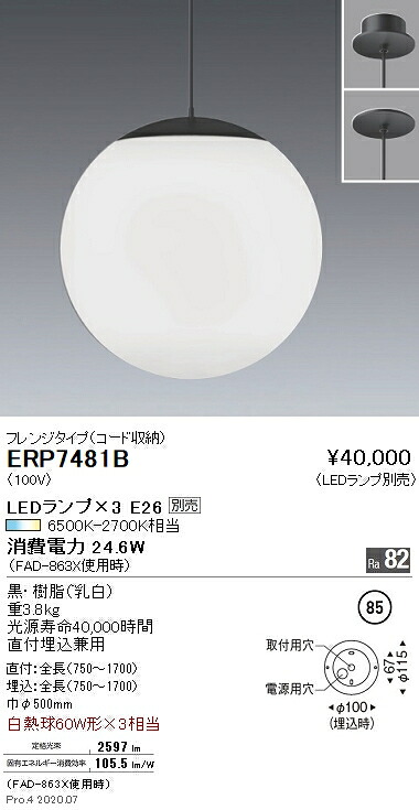 【15,000円～送料無料※】遠藤照明 LEDペンダントライト ERP7481B 工事必要 電球別売 (※北海道・沖縄・離島を除く)｜ライトアロイ