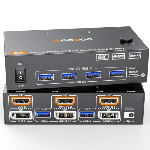 デュアル モニター KVM スイッチ 2 ポート 8K@60Hz 4K@144Hz HDMI+DP USB 3.0 スイッチ 拡張ディスプレイ｜Light Base