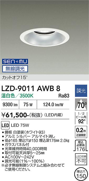 LZD-9011AWB8 LEDダウンライト LED SENMU 10000クラス 75W 3500K|LIGHTBEING