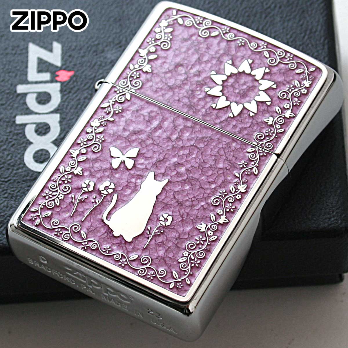 Zippo ジッポライター ネコ 猫 Cat ピンク ＃200 メタルプレート 両面加工 ニッケルメッキ 2MPP-Cat PK メール便専用商品
