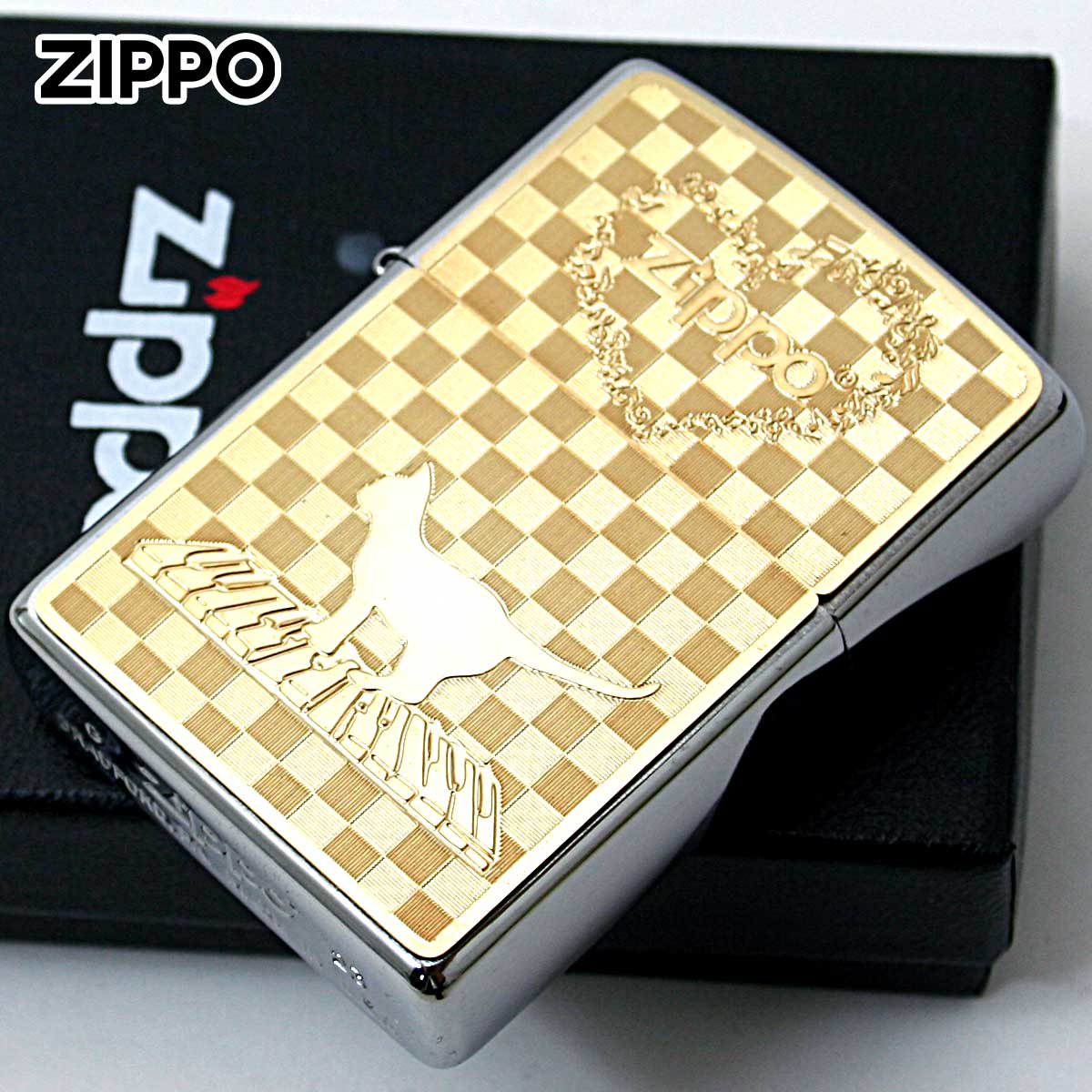 Zippo ジッポライター ネコ 猫 Cat 音符 #200 ゴールドプレート ニッケルメッキ 2MP-ネコと音符 GP メール便専用商品