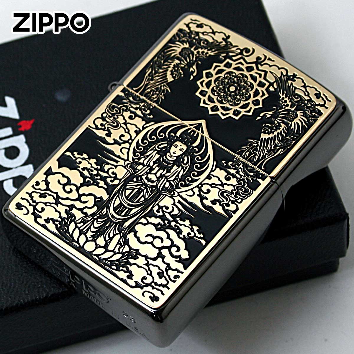 Zippo ジッポライター 観世音 ブラックメタル ペイントプレート ネオブラック ゴールド Black Metal Paint Plate Neo Black BM G メール便専用商品