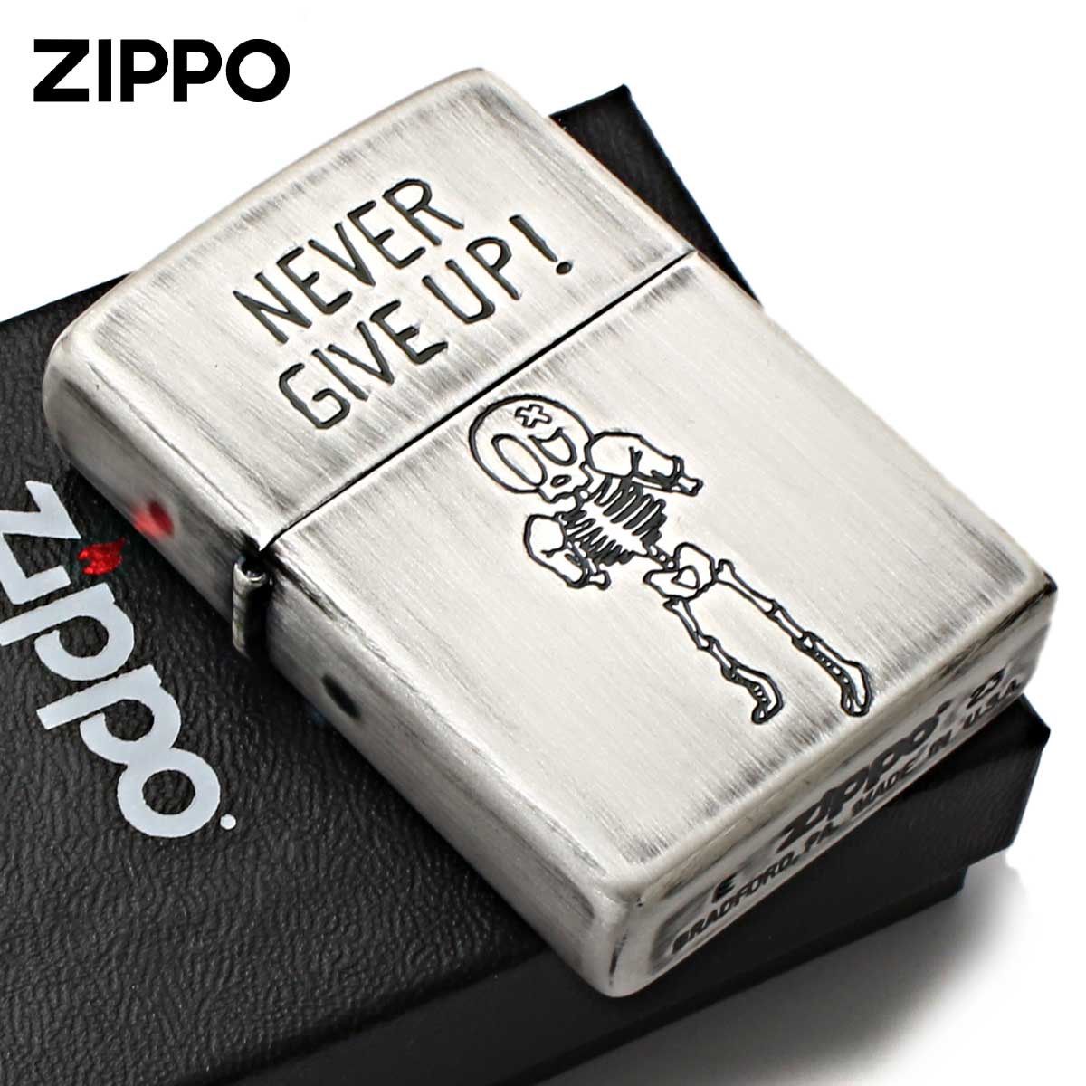 Zippo ジッポライター スカル ドクロ 骸骨 ユーズド仕上げ FUNNY SKULL USED FINISH NEVER GIVE UP 決して諦めない 2UDS-GIVEUP メール便専用商品