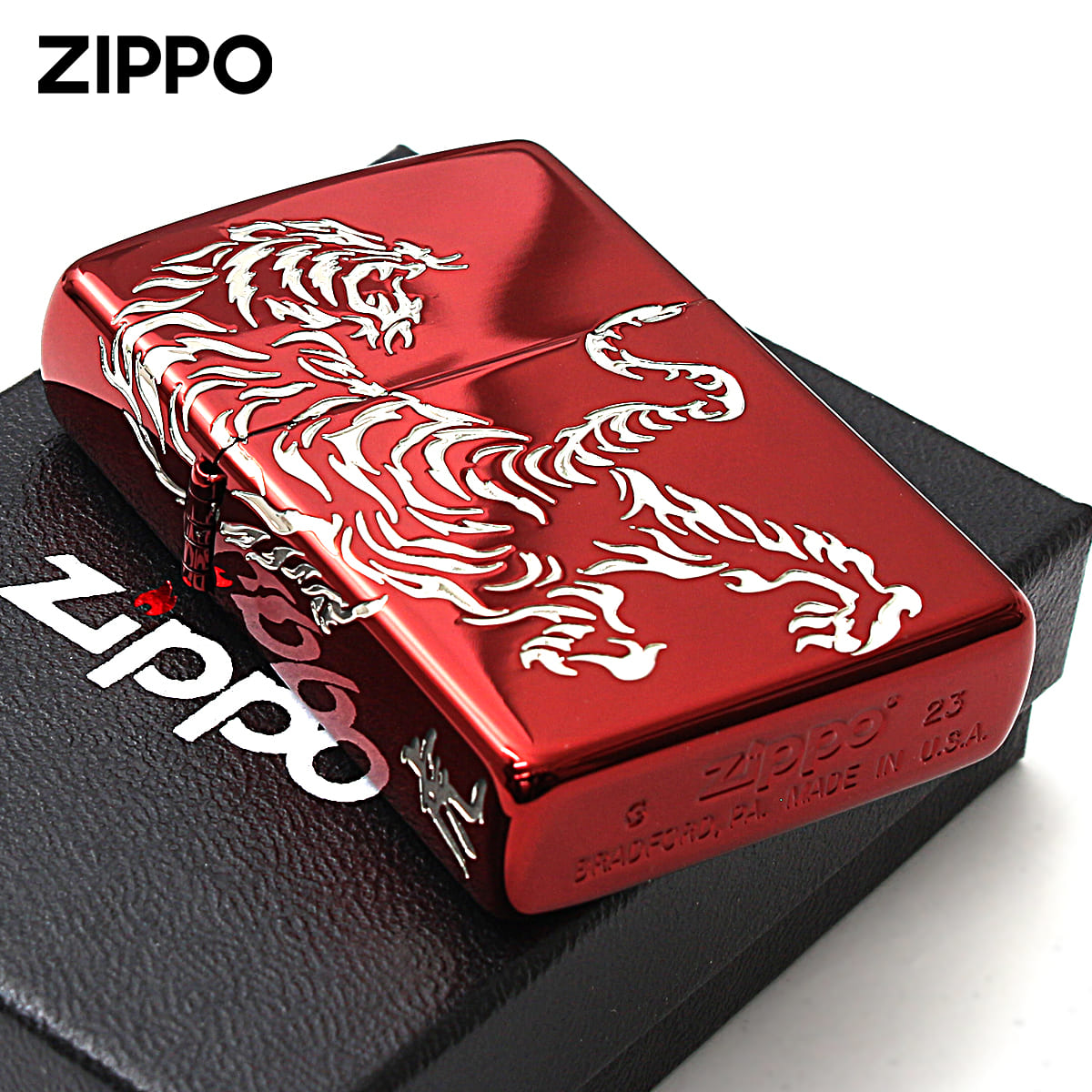 Zippo ジッポライター 虎 タイガー 2面連続加工 レッドイオンコーティング 銀サシ Tiger & Dragon 2REDS-TIGER メール便専用商品
