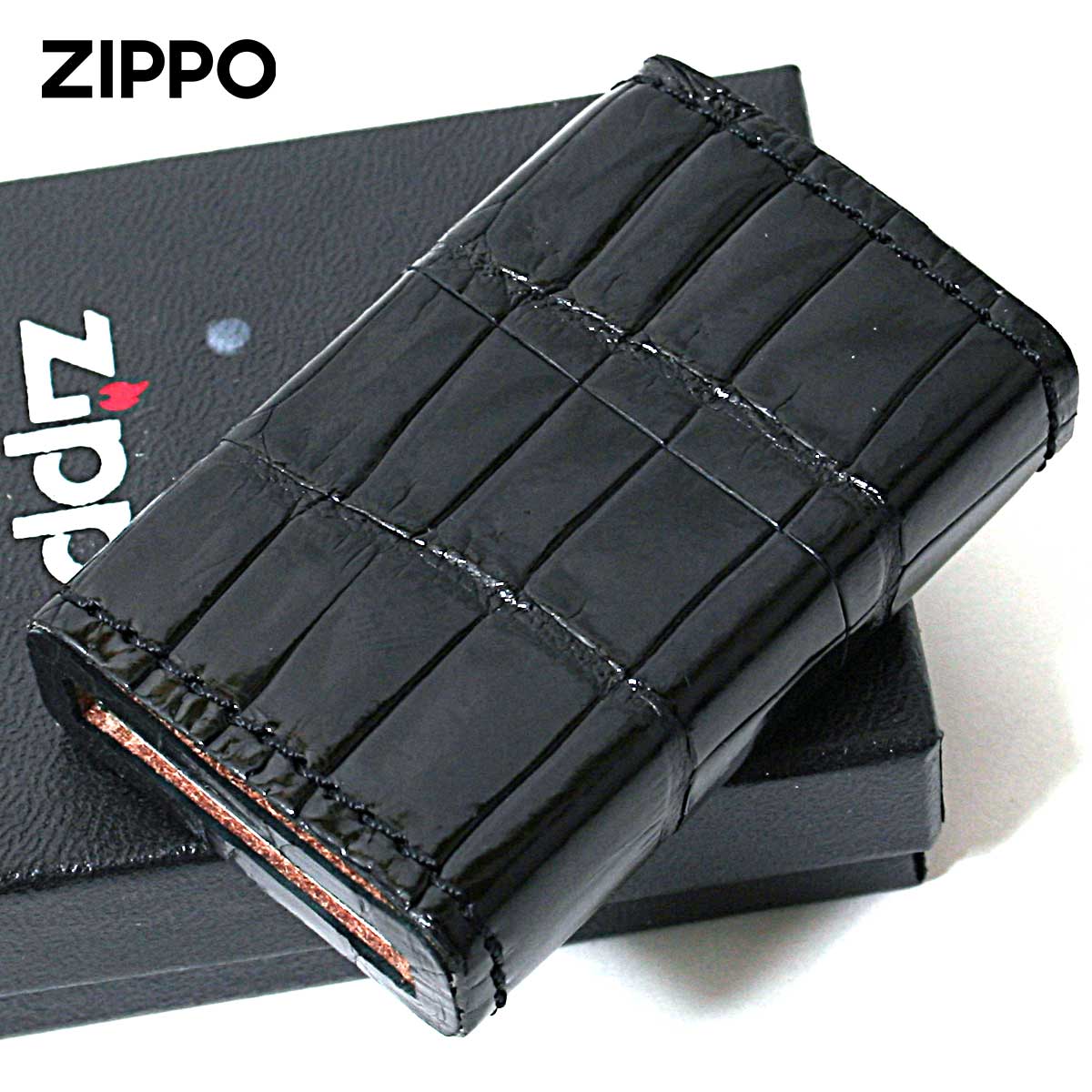 Zippo ジッポライター 革巻き 本革 クロコダイル ワニ 黒 ブラック メール便専用商品
