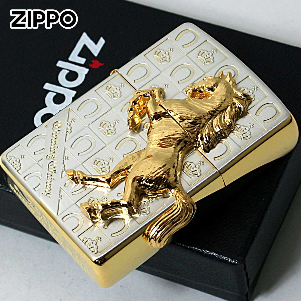 Zippo ジッポライター 馬 ホース 2面連続メタル ウイニング ウィニー グランドクラウン サテン ゴールド SG メール便専用商品
