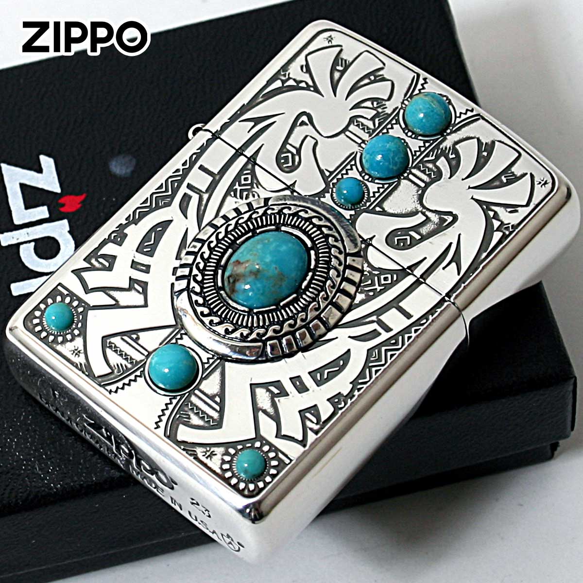 Zippo ジッポライター アーマー ネイティブアメリカン ココペリ ターコイズ 天然石 インディアン スピリット 両面加工 ARMOR INDIAN SPIRIT ココペリ メール便専用商品｜輸入雑貨のネットストア AKIHA