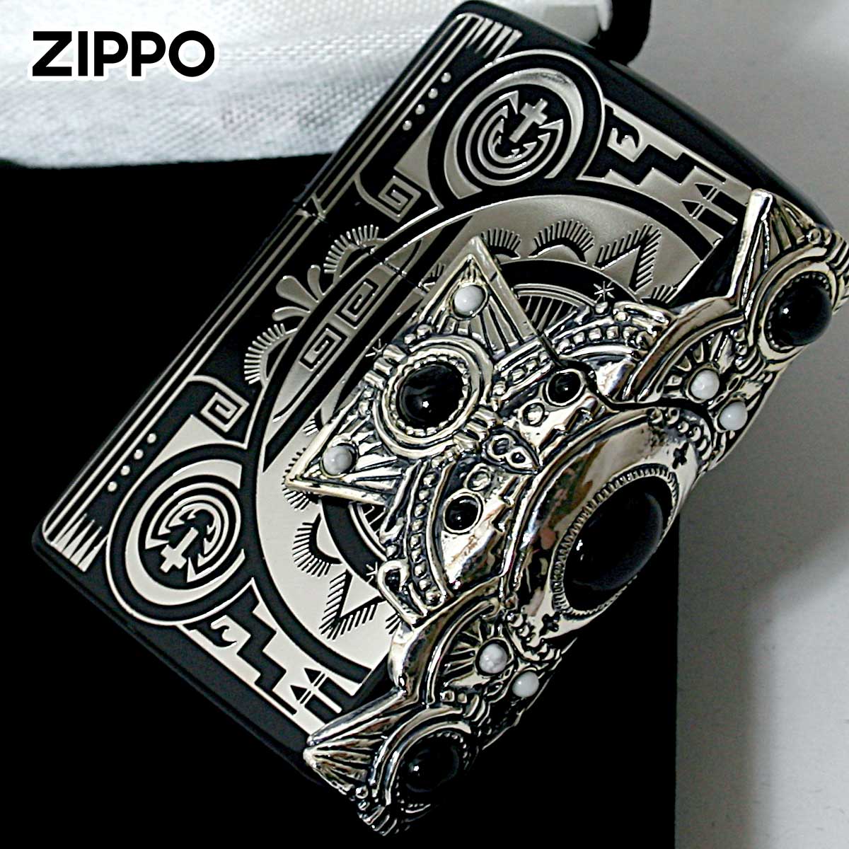 Zippo ジッポライター ネイティブアメリカン クロス 十字架 Cross オニキス ハウライト 天然石 インディアン スピリット イオンブラック INDIAN SPIRIT BK クロス メール便専用商品