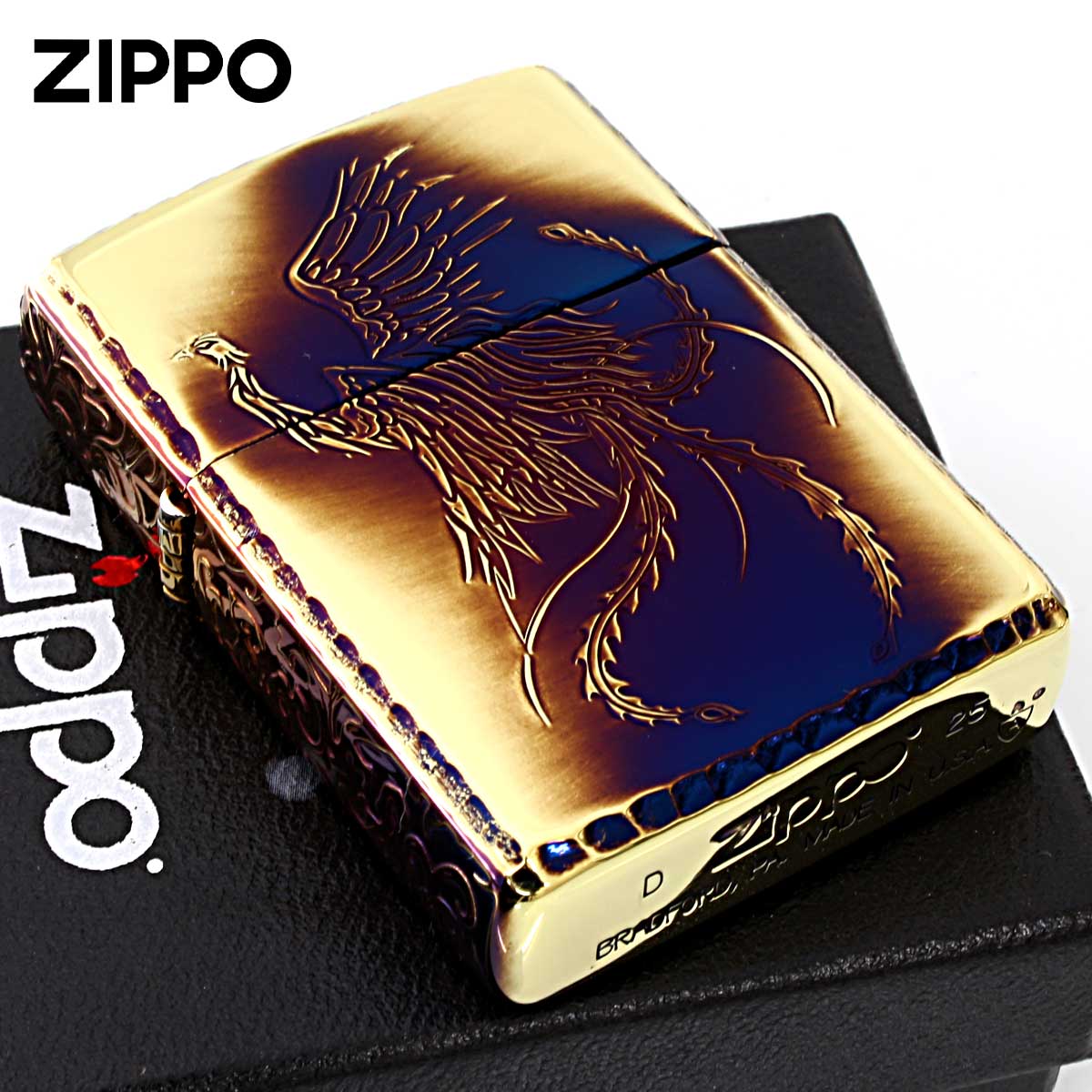 Zippo ジッポライター アーマー 鳳凰 フェニックス 唐草 アラベスク ARMOR 5面デザイン ブラスいぶし ゴールドタンク 鳳凰 メール便専用商品