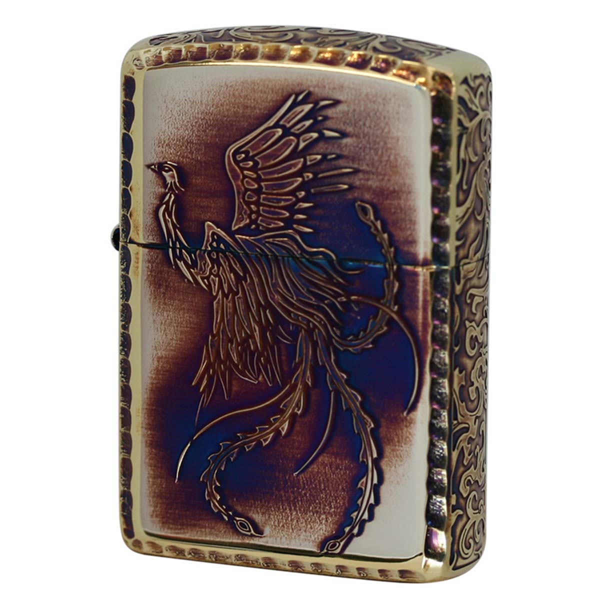 Zippo ジッポー アーマー 鳳凰 フェニックス 唐草 アラベスク ARMOR 5面デザイン コーナーリューター加工 ブラスいぶし ゴールドタンク 鳳凰 プレゼント 贈り物 男性 かっこいい 高級 オプション購入で名入れ可