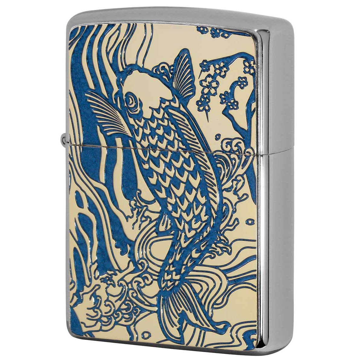 Zippo ジッポー 鯉 カープ ブルー ＃200 ゴールドプレート 両面加工 ニッケルメッキ 2MPP-Carp BL GP プレゼント 贈り物 男性 かっこいい 縁起物 オプション購入で名入れ可｜フラミンゴ 店