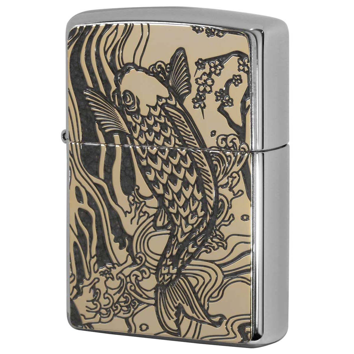 Zippo ジッポー 鯉 カープ グレー #200 ゴールドプレート 両面加工 ニッケルメッキ 2MPP-Carp GY GP プレゼント 贈り物 男性 かっこいい 縁起物 オプション購入で名入れ可|フラミンゴ 店