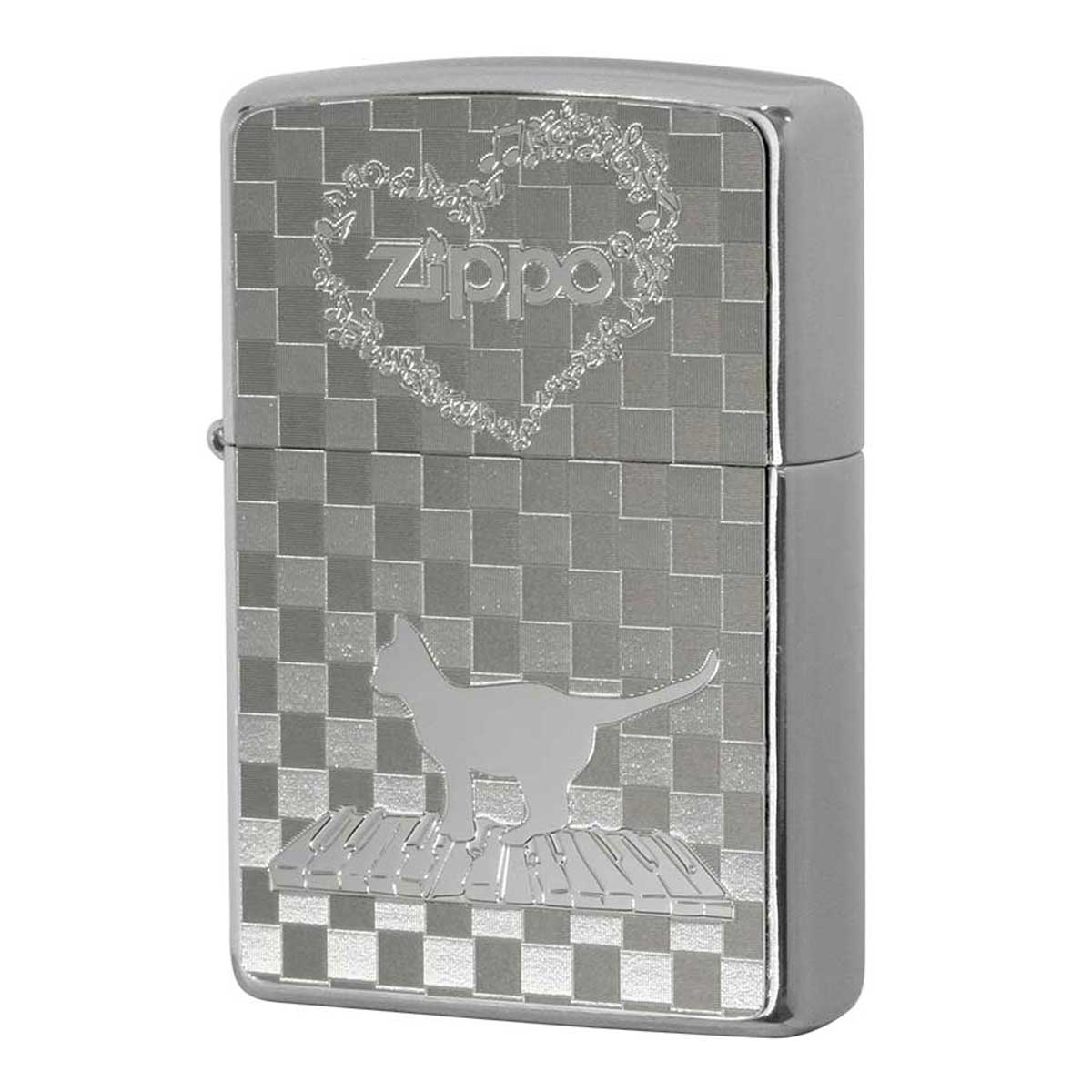Zippo ジッポー ネコ 猫 Cat 音符 ＃200 メタルプレート ニッケルメッキ 2MP-音符 プレゼント 贈り物 女性 かわいい オプション購入で名入れ可 メール便可