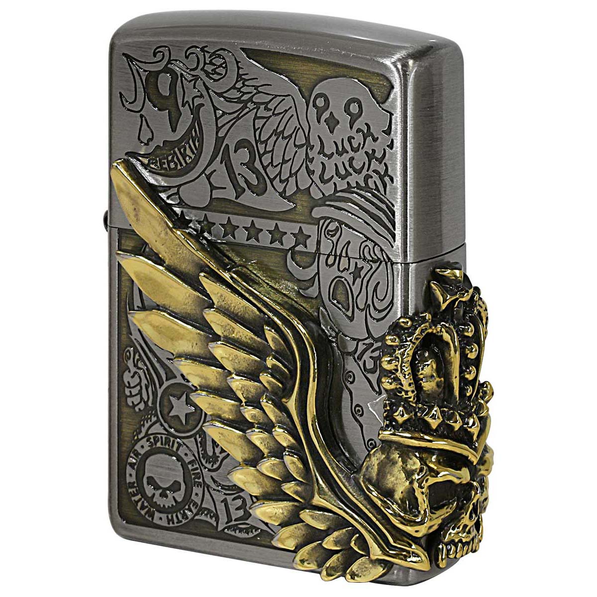 Zippo ジッポー スカル ドクロ 骸骨 羽 ウイング フォーチュンヘッド コンビネーション古美 Fortune Head Ni＆BS プレゼント 贈り物 男性 かっこいい アンティーク風 オプション購入で名入れ可