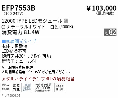 EFP7553B ENDO照明装置 遠藤照明 【製造会社直送】 単色合い光＿テクニカルペンダント＿１２０００ＴＴＹＰＥ＿４００