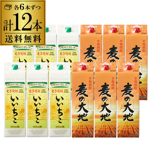 最大200円OFFクーポン 送料無料 麦焼酎飲み比べ 12本セット 麦の大地6本 いいちこ6本 1本当たり1,540円(税込) パック 1.8L 1800ml 25度 一升 福徳長酒類 三和酒類 福岡県 大分県 麦焼酎 焼酎セット 乙類 長S