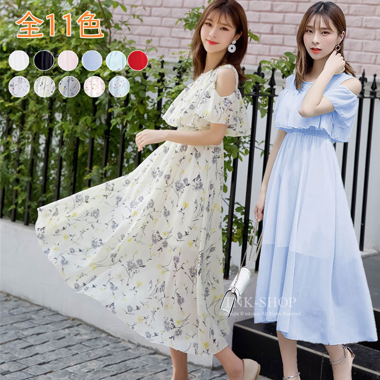 楽天市場】オフショルダー ドレスワンピ ロングスリット フラワー