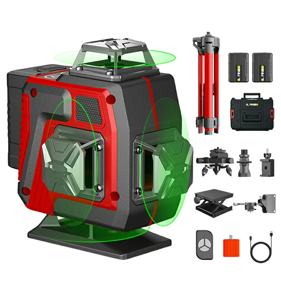 【16ライン+三脚セット】レーザー墨出し器 三脚 水平器 レーザーレベル 4x360&deg; 16ライン 屋外 傾斜 レーザー墨出し機 3D 墨出し器 4x360&deg; 自動補正機能 高輝度 高精度 グリーンレーザー 小型 軽量 水準器ツール 防滴防塵 持ち運び便利 25m作業範囲 バッテリー2個｜ライクベイ 店 11,506円