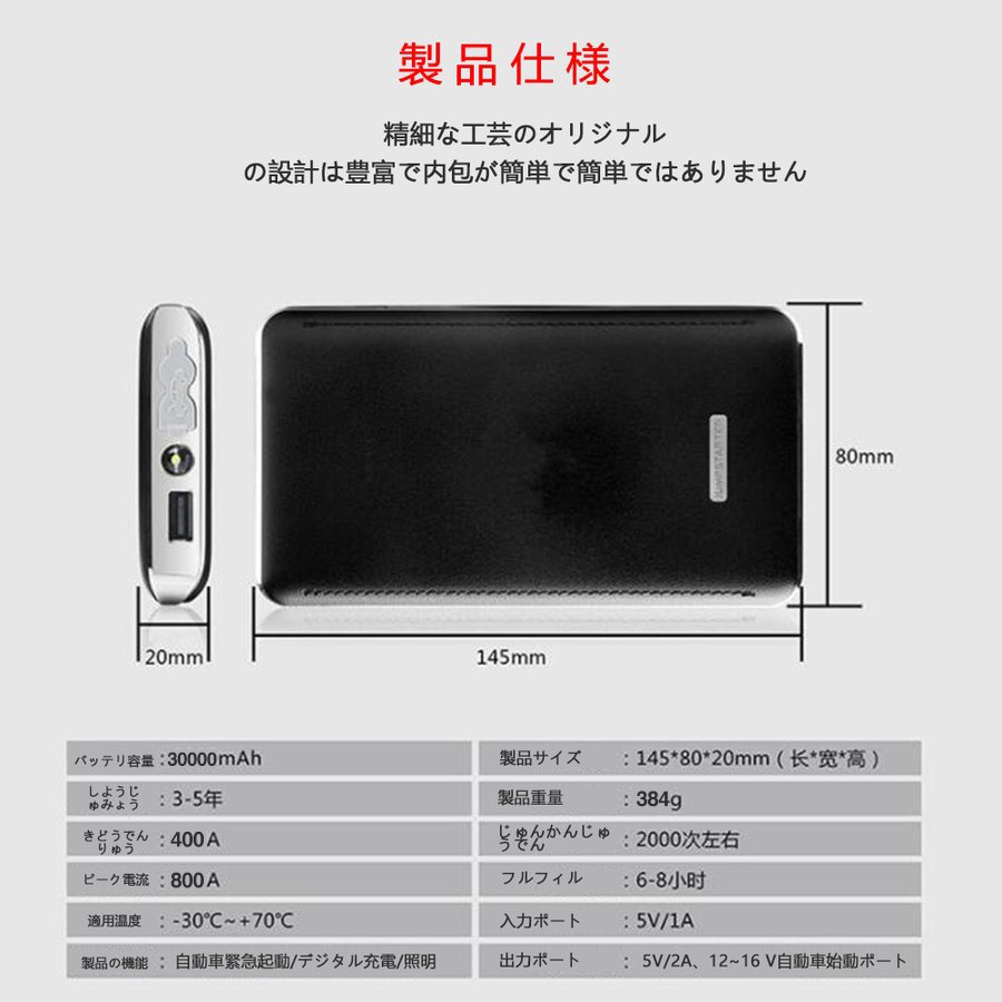 保障できる】 ジャンプスターター 12v 30000mAh 車用エンジンスターター モバイルバッテリー 最大5リッターガソリン 安全保護機能  12ボルトポータブルリチウムジャンプスターター 緊急ライト 防災グッズ スマホ急速充電 小型軽量 LED応急ライト搭載 Type-C ...