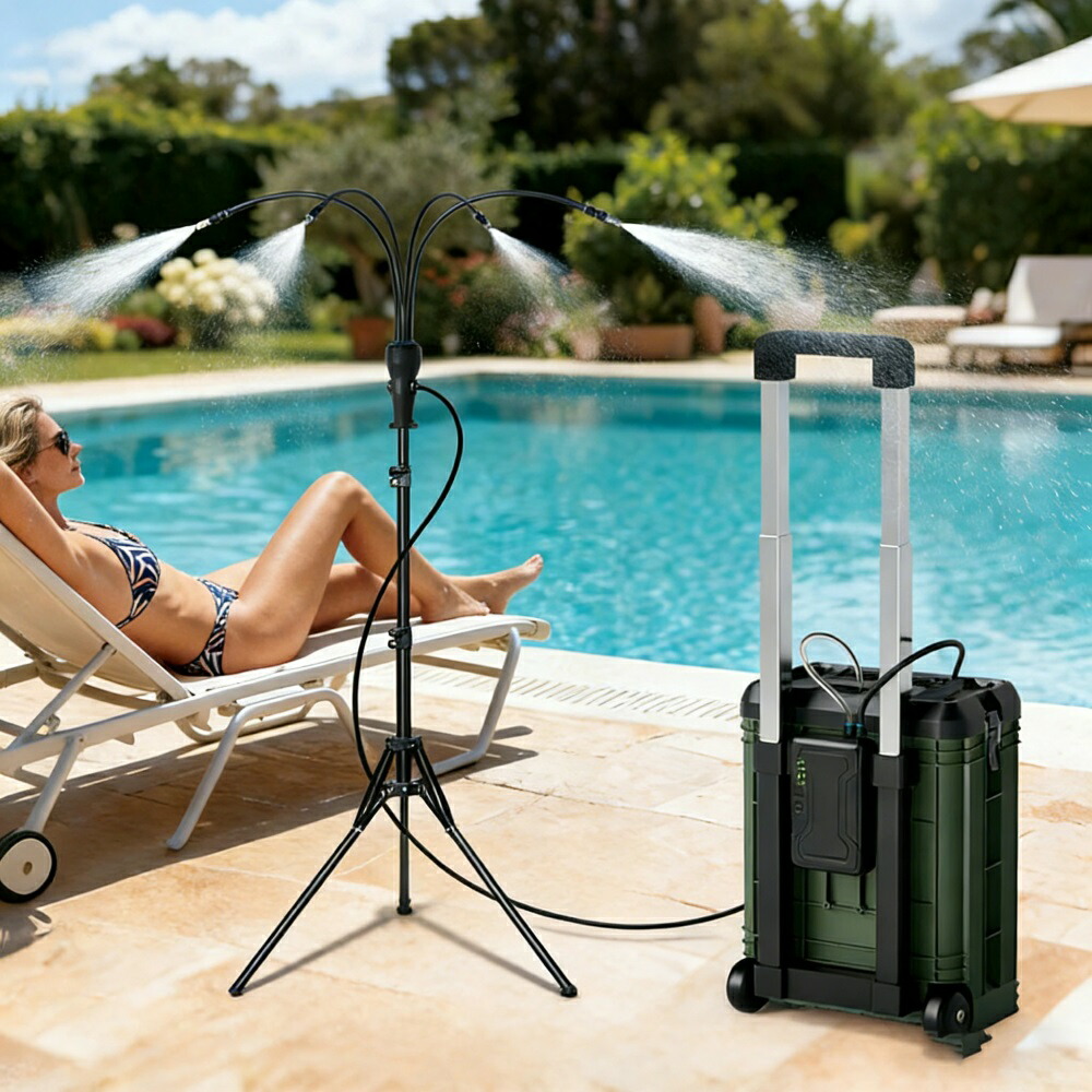 【2年保証】ミスト シャワー 屋外 ミスト クールシャワー 電動噴霧器 15L水タンク 10000mAh ビックタイプ スタンドタイプ クールミスト 野外/ビーチ/プール 熱中症対策 冷却ミスト スタンド ビッグ ガーデニング ドライミスト タイマー 散水節水 自立型 涼感 キャスター付き