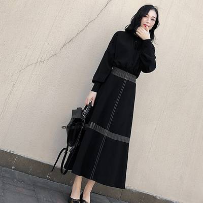 【一部即納】ワンピース きれいめ カジュアル おしゃれ かっこいい 袖あり ロング丈 ミモレ丈 ドレス Aライン 長袖 バルーン袖 エレガント 韓国 ボリューム袖 下半身カバー シック ブラック 黒 春 秋 冬 20代 30代 40代 50代｜Like Fashion