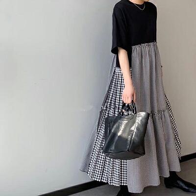ワンピース カジュアル ミモレ丈 袖あり きれいめ 半袖 おしゃれ レディース フレア 可愛い フェミニン ワンピ ドレス ゆったり ロングワンピ 体型カバー ブラック 黒 春 夏 秋 20代 30代 40代 50代 お出かけ チェック