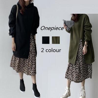 ワンピース スウェットワンピ レイヤード風 フード付き レディース 袖あり 長袖 アニマル柄 カジュアル ミモレ丈 おしゃれ 可愛い ヒョウ柄 フェミニン かっこいい ワンピ ドレス グリーン ブラック 黒 春 秋 冬 代 30代 40代 50代 Kuechen Ly