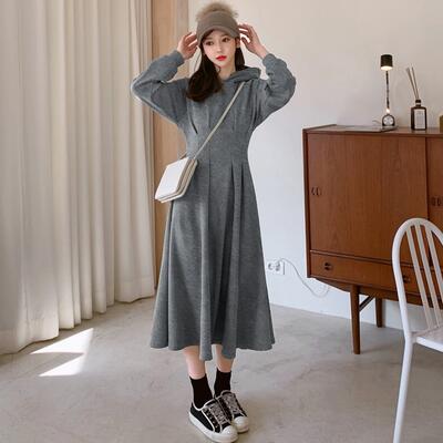 ワンピース スウェットワンピ レディース 袖あり 長袖 カジュアル ミモレ丈 おしゃれ 可愛い フード付き ハイウエスト フェミニン Aライン 裏起毛 ワンピ ドレス フーディー シンプル ブラック 黒 グレー ベージュ 春 秋 冬 代 30代 40代 50代 Hubexperts Ch