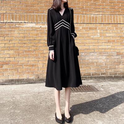 ワンピース レディース 袖あり 長袖 きれいめ カジュアル パフスリーブ ミモレ丈 Vネック おしゃれ 可愛い フェミニン ワンピ ドレス ハイウエスト シフォン エレガント 大きいサイズ ブラック 黒 春 秋 冬 代 30代 40代 50代 Oswegocountybusiness Com