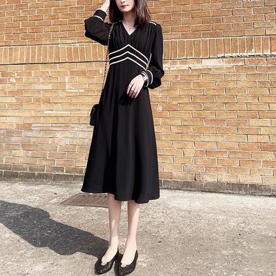 ワンピース レディース 袖あり 長袖 きれいめ カジュアル パフスリーブ ミモレ丈 Vネック おしゃれ 可愛い フェミニン ワンピ ドレス ハイウエスト シフォン エレガント 大きいサイズ ブラック 黒 春 秋 冬 代 30代 40代 50代 Ceconsolidada Cl