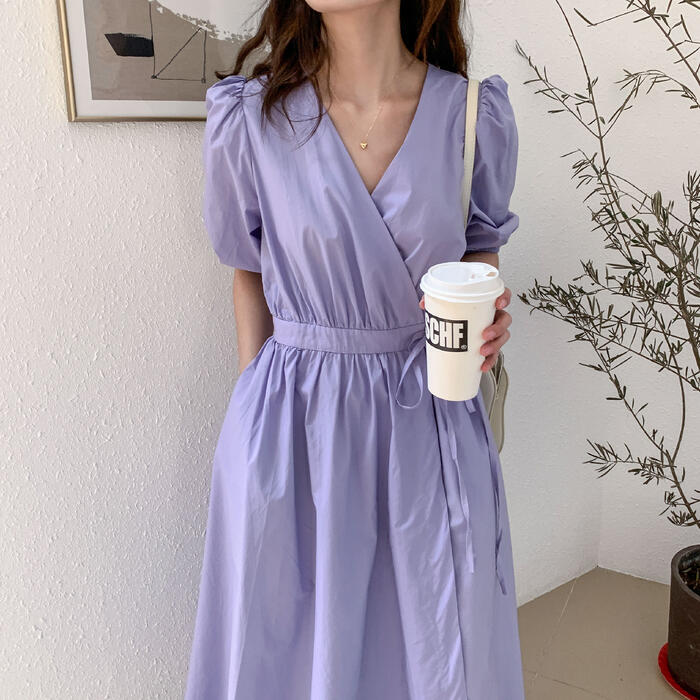【一部即納】ワンピース ロングワンピ パフスリーブ 袖あり おしゃれ ロング丈 きれいめ カジュアル 半袖 レディース ドレス シンプル 大人 可愛い ピンク パープル ブルー 青 ホワイト 白 春 夏 秋 20代 30代 40代 50代