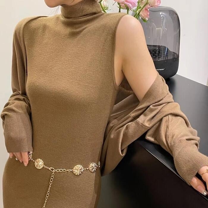 セットアップ 2点セット ニット ワンピース カーディガン ショール タートルネック ノースリーブ レイヤード ミモレ丈 おしゃれ 大人 可愛い きれいめ シンプル ベージュ ブラウン ブラック 黒 春 秋 冬 20代 30代 40代 50代|Like Fashion