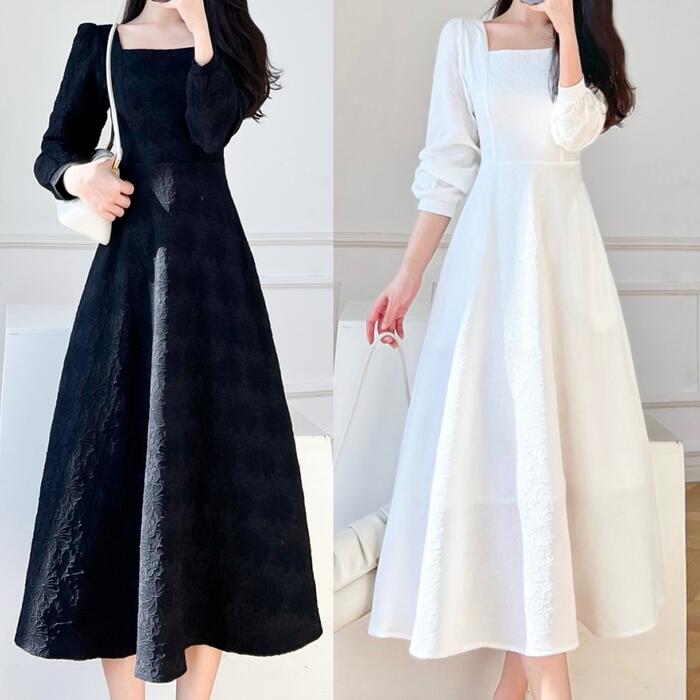 楽天市場】ワンピース レディース 袖あり 長袖 スクエアネック