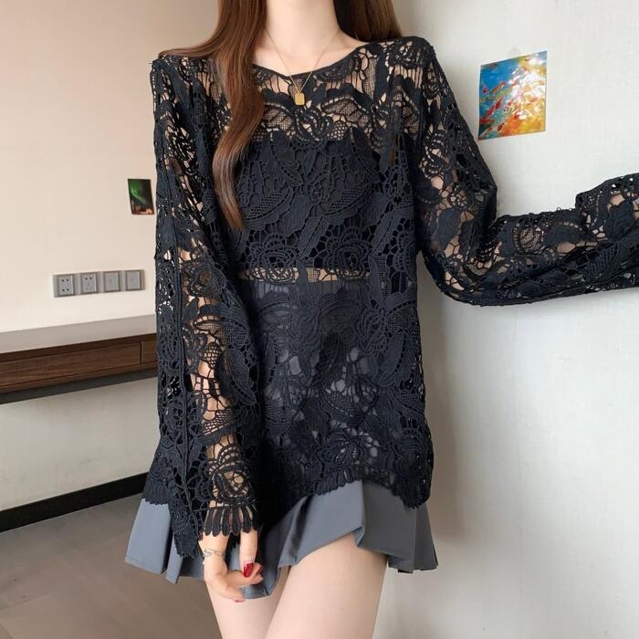 トップス Tシャツ カットソー レース 透かし編み クロシェ ブラウス シャツ プルオーバー 透け感 エレガント レディース 大人 可愛い 長袖 きれいめ カジュアル おしゃれ レイヤード ホワイト 白 ブラック 黒 春 秋 夏 20代 30代 40代 50代